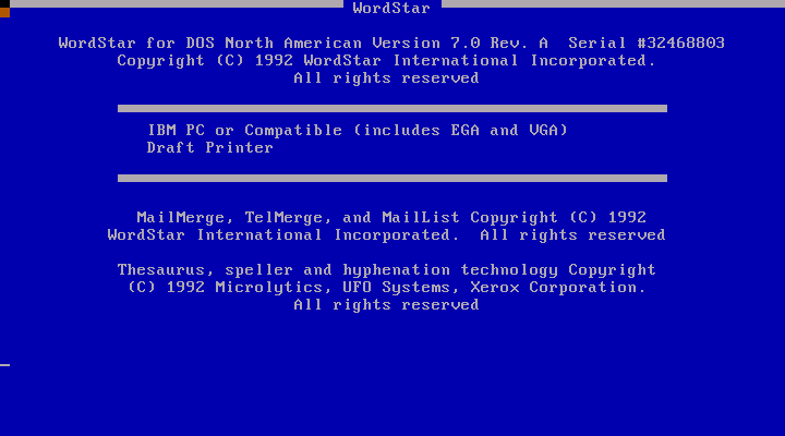 WordStar 7.0a - Splash